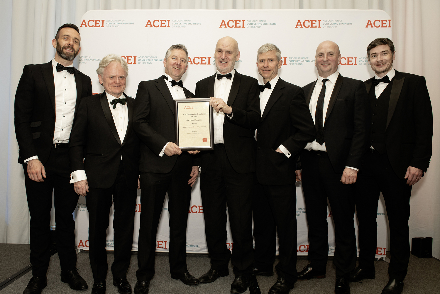 ACEI Design Excellence Awards 2024.  Pictured: L-R Robert McAulife, Brian Mahony, Ciaran Kennedy, Vincent Barrett, John Considine, Michael Hughes and Ciaran O'Rafferty.
